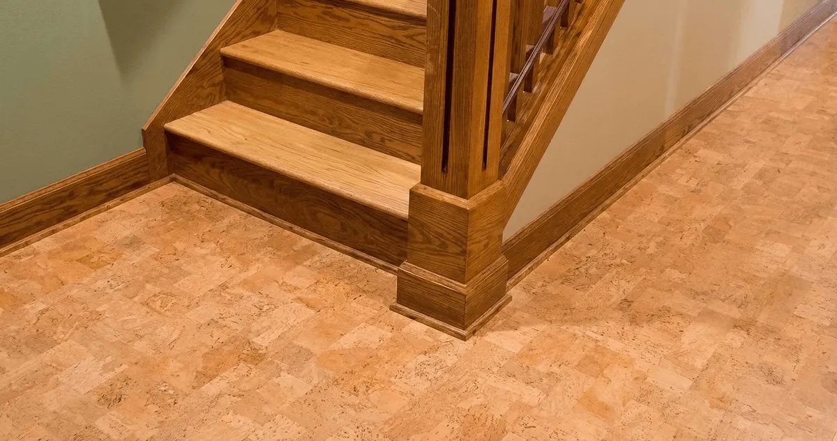 End of a staircase with cork flooring in Columbus, GA