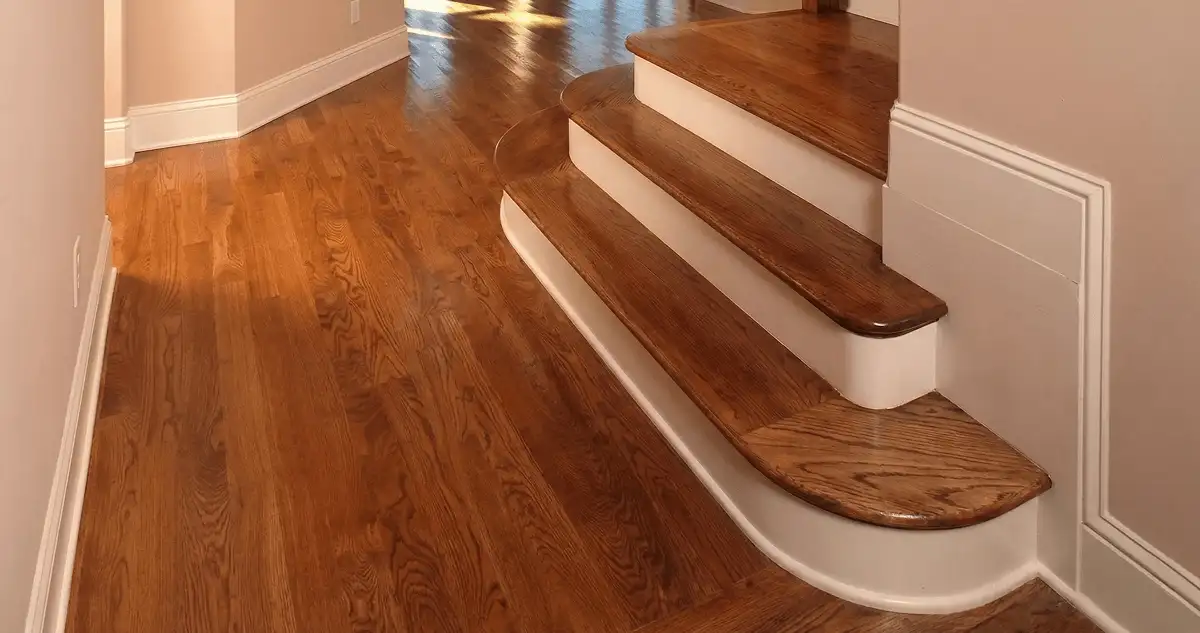Base floor of a staircase with professionally restored wood flooring in Columbus GA