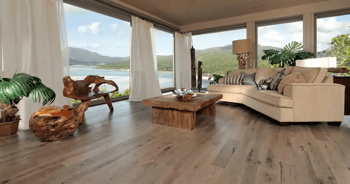 Professionally installed vinyl flooring in a modern living room with large windows in Columbus, GA